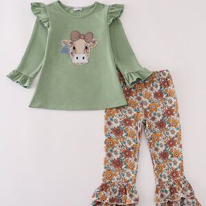 Abby and Evie Green Cow Applique Floral Print Ruffle Pants Set